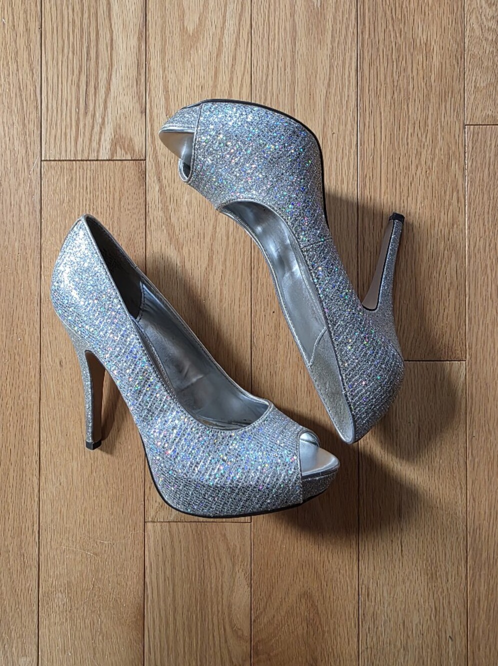 Worthington Silver Glitter Peep-Toe High Heels